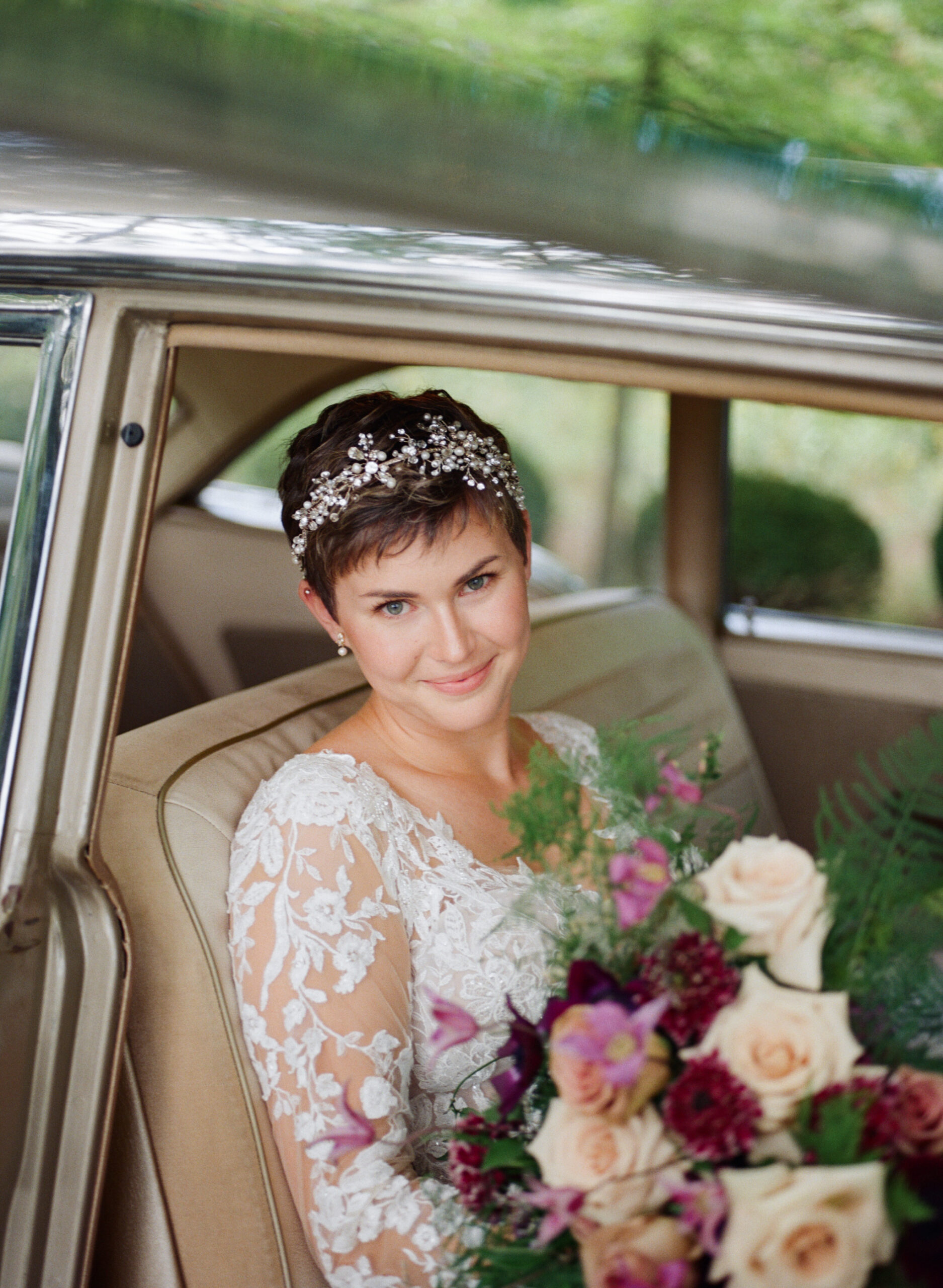 car bridal wedding portraits at cranberry creek gardens